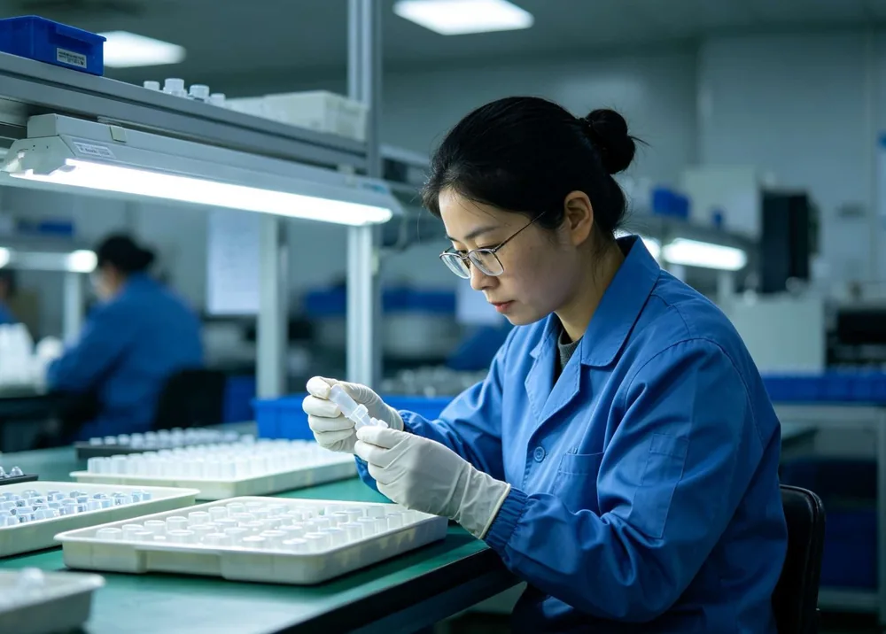 Operator inspecting and assembling silicone products in the CYES workshop