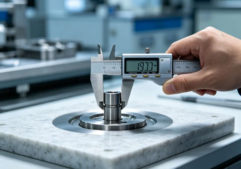 Digital caliper measuring a precision-turned part on a granite surface plate at CYES