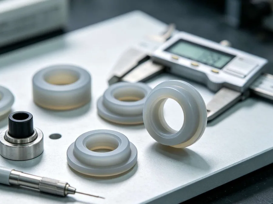 Silicone sealing caps and flanged covers measured with a caliper at the CYES SILICONE factory