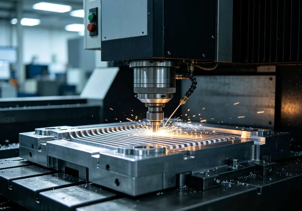 CNC milling sparks while machining a silicone mold cavity