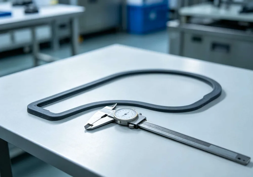 Dial caliper measuring a silicone seal for dimensional accuracy at CYES