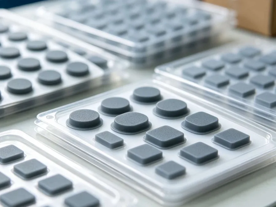 Silicone feet, bumpers and self-adhesive anti-slip pads in round and square shapes, produced at the CYES SILICONE factory