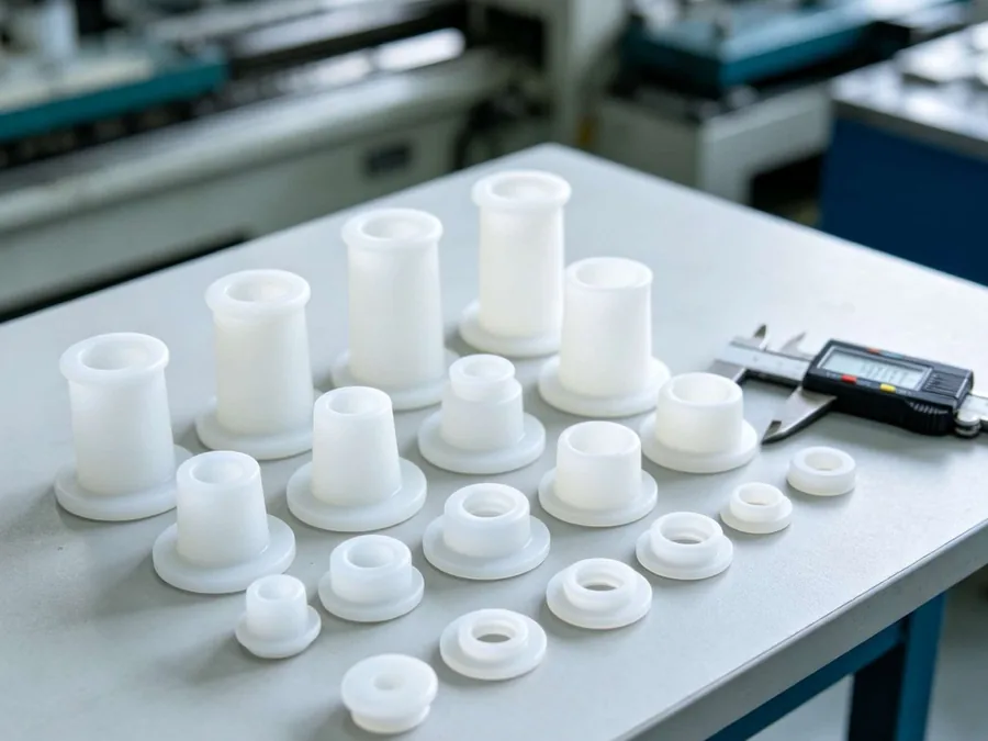 Silicone grommets with flanged bases for cable pass-through, produced at the CYES SILICONE factory