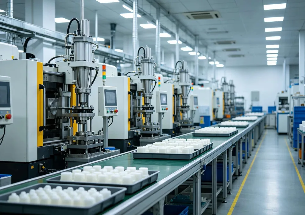 Rows of injection molding machines on the CYES production floor