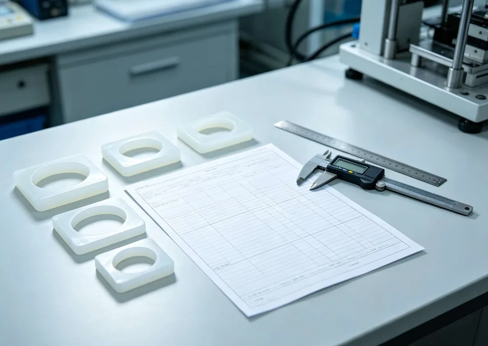 Dimensional inspection record with caliper and measured parts at CYES