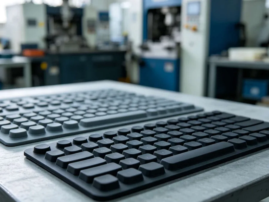 Silicone keypad panels with raised tactile keys in grey and black, molded at the CYES SILICONE factory