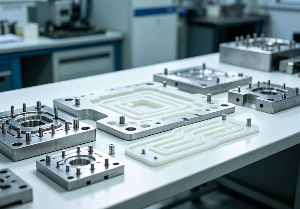 Mold plates with guide pins, cavities and cooling channels on the CYES workbench