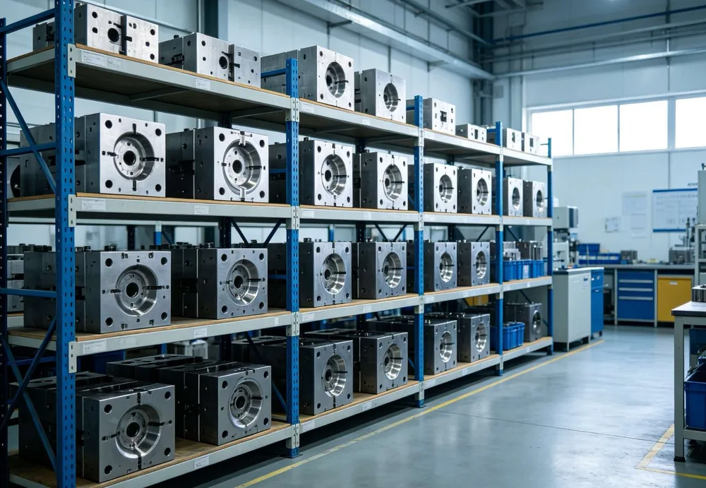 Organized mold storage racks with steel molds at CYES