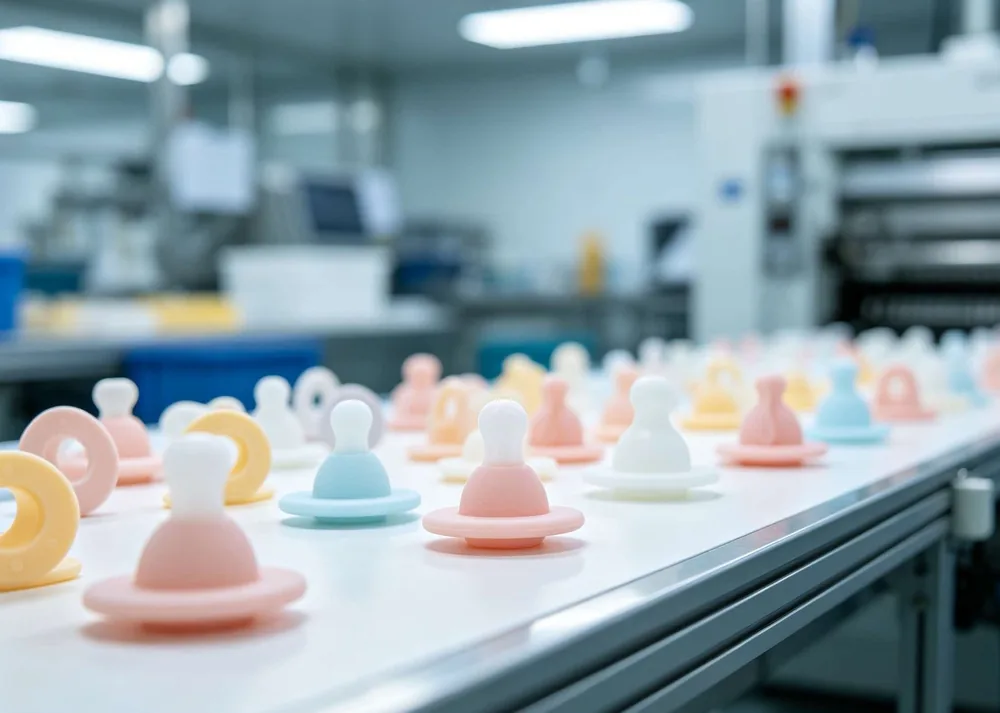 Colorful silicone baby pacifiers on the CYES production line