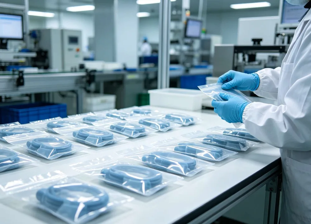 Cleanroom operator inspecting and packaging silicone products at CYES