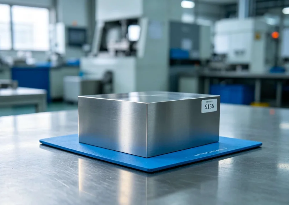 Polished S136 stainless mold steel block in the CYES tooling workshop