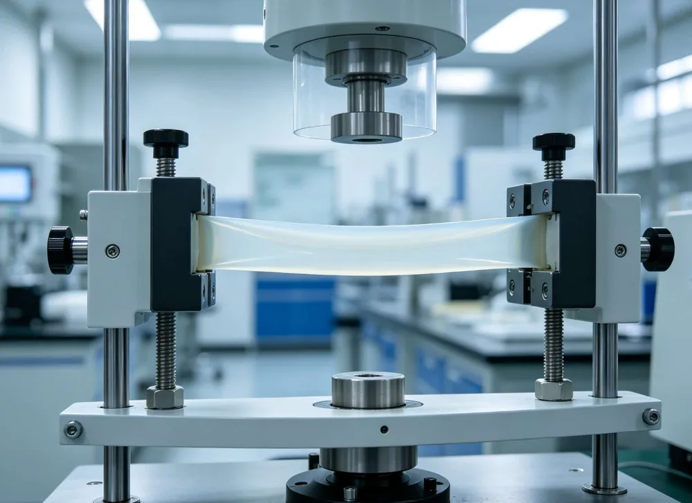 Tensile testing machine stretching a silicone sample at CYES