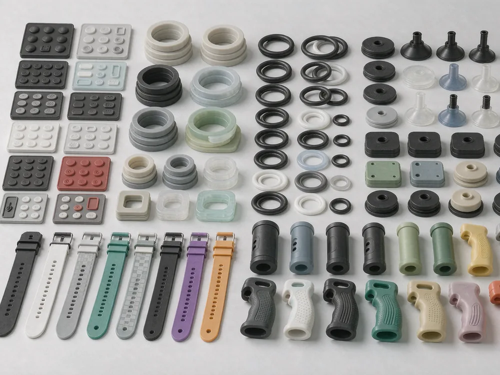 Assorted custom silicone parts including keypads, gaskets, O-rings, suction cups and grips