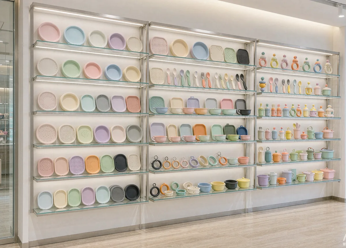 Silicone sample showroom wall with color-coded sample pieces organized by category